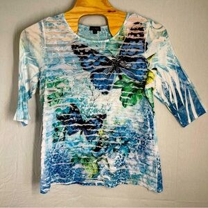 Cal Style soft floral butterfly blue layered top size XL polyester spandex